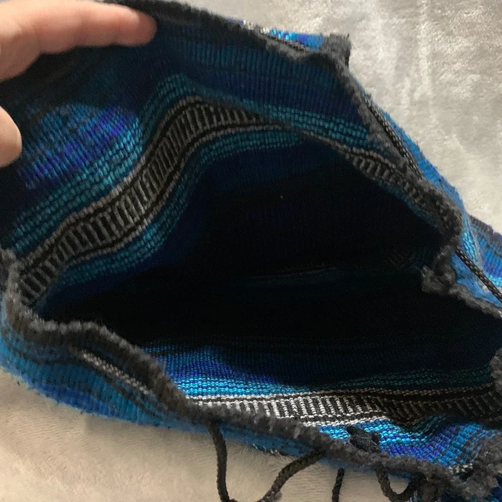 Lillo Woven Drug Rug Backpack Blue Black Striped Boho Drawstring Rucksack
